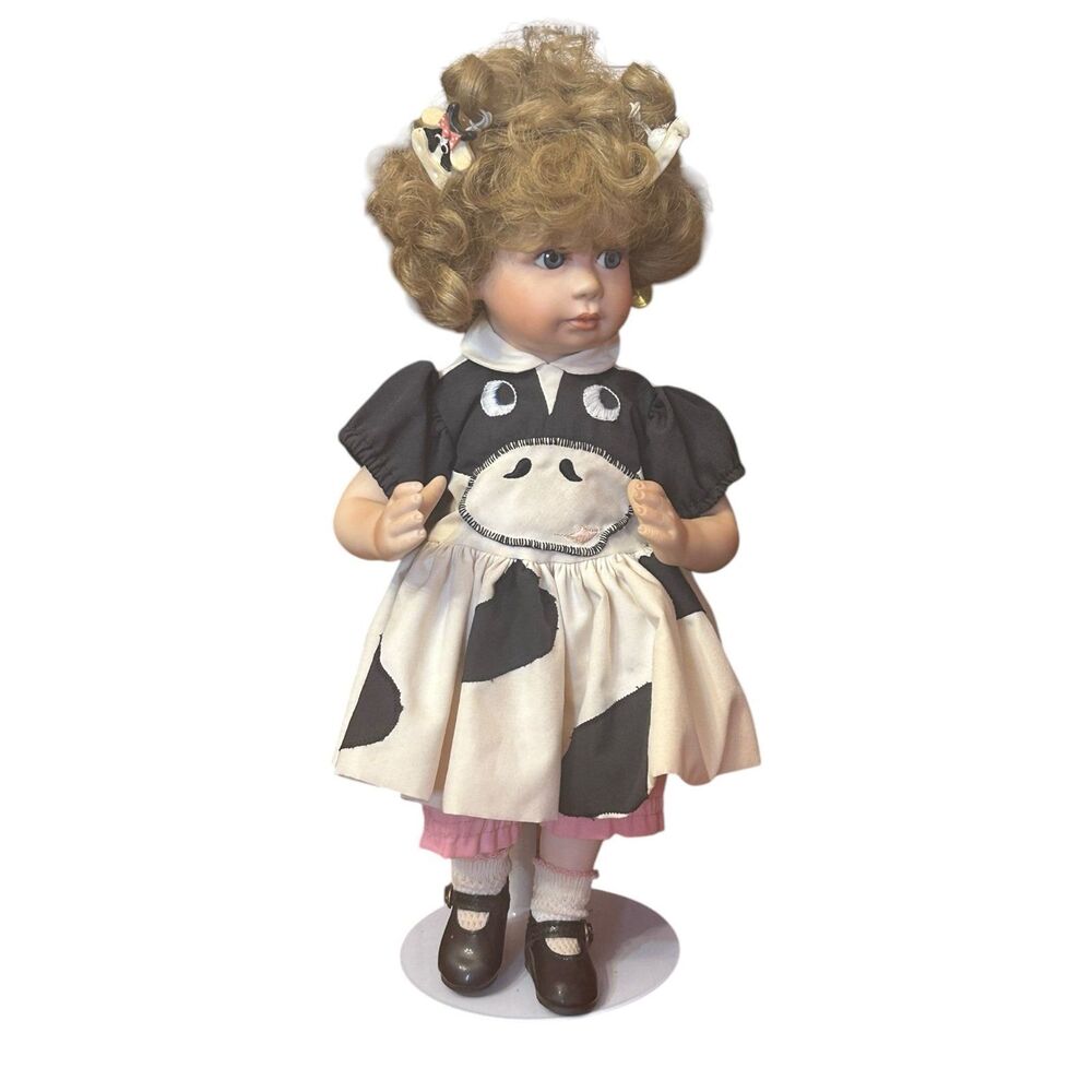 1993 Hamilton Collection Porcelain Doll BECKY Holstein Cow Dress Farmgirl
